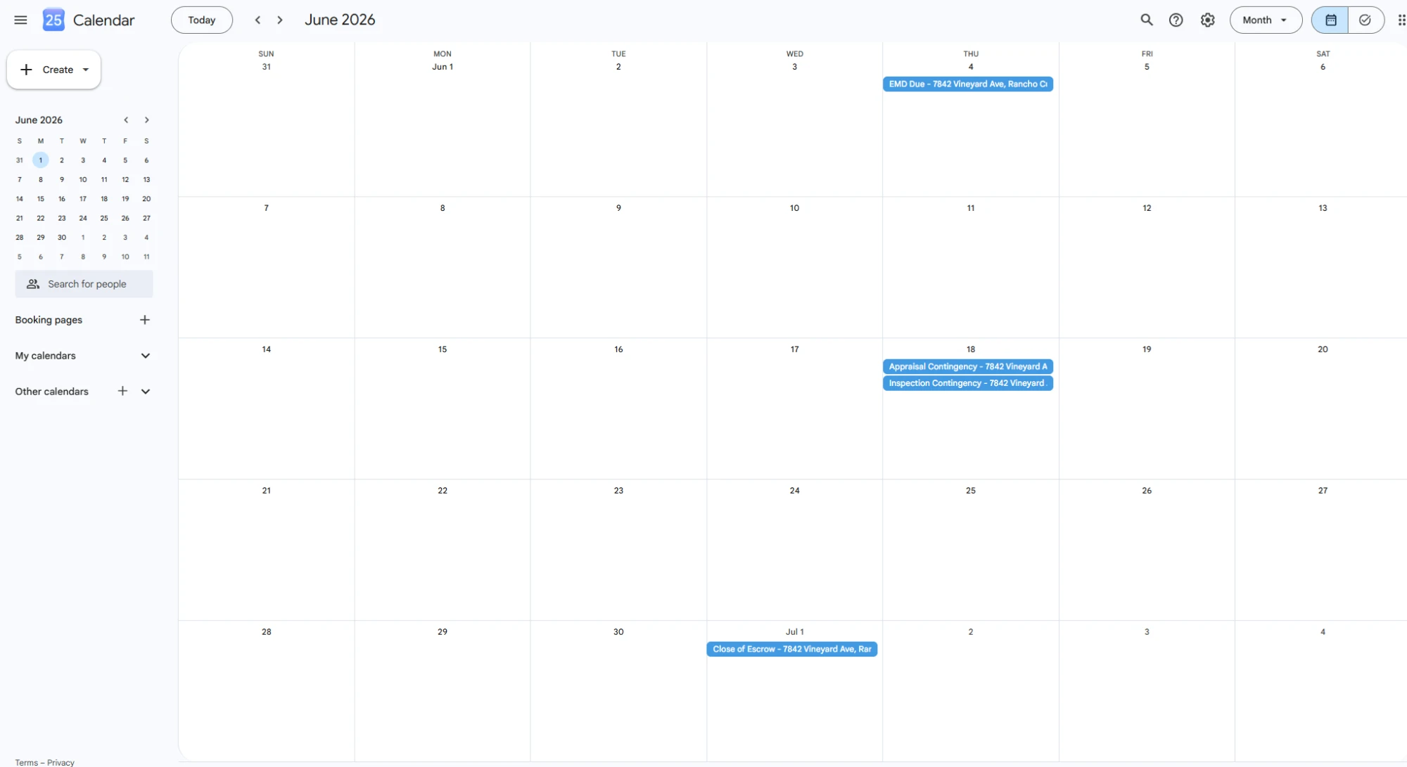 Google Calendar showing June 2026 with five automatically created events: EMD Due on June 4, Appraisal and Inspection Contingency on June 18, Loan Contingency on June 22, and Close of Escrow on July 1 — all for 7842 Vineyard Ave Rancho Cucamonga