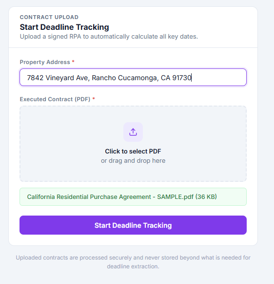 Contract upload page showing a property address field filled with '7842 Vineyard Ave, Rancho Cucamonga, CA 91730' and a PDF file selected