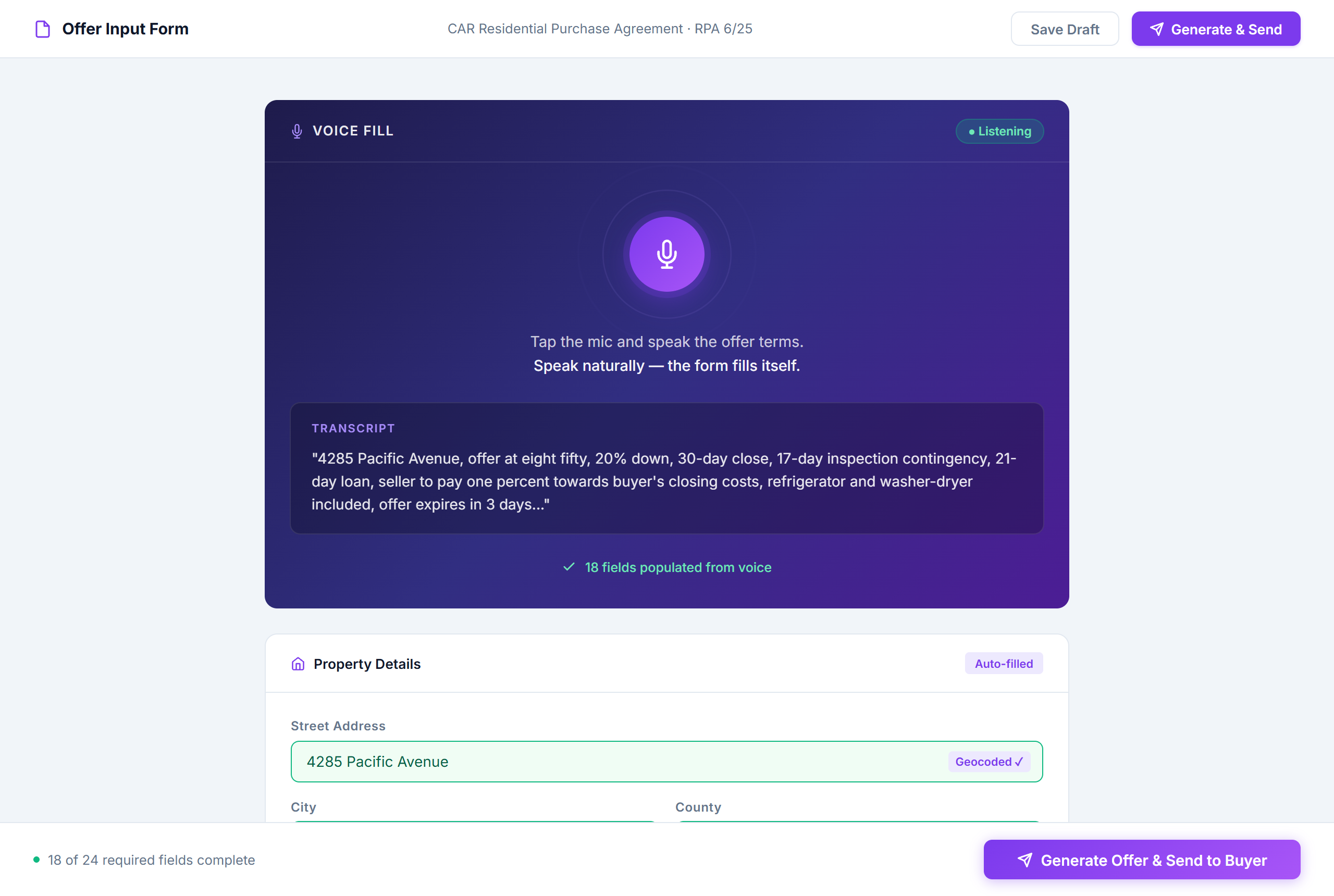 Voice-powered offer input form showing the mic interface, live transcript, and auto-populated property and offer fields