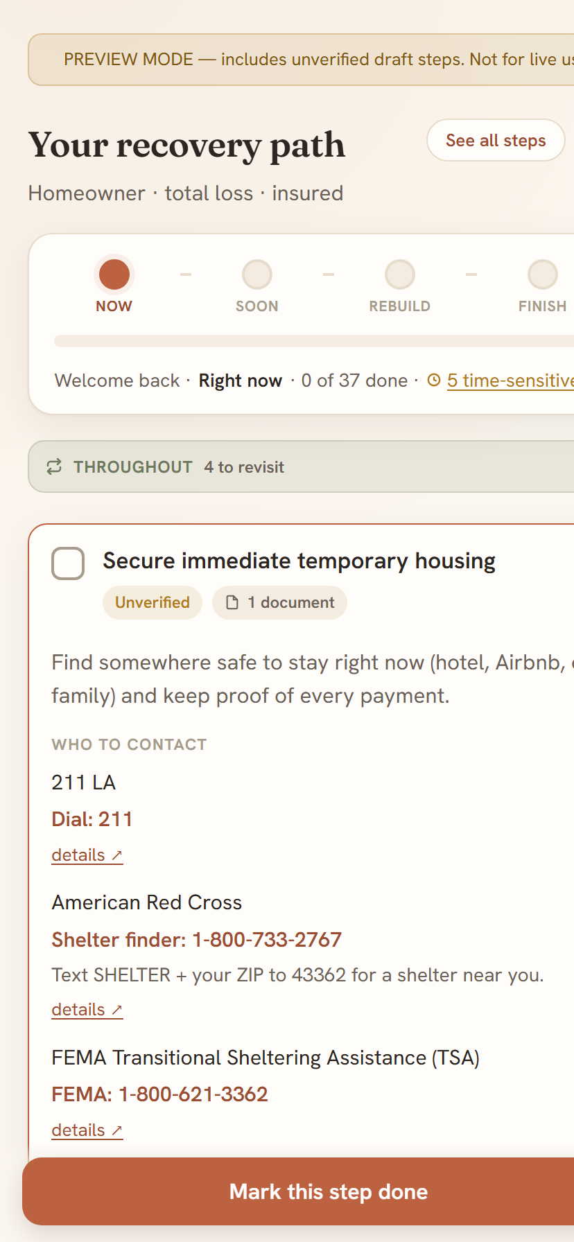 Recovery Navigator: the focused next step, securing temporary housing, with verified contacts for 211 LA, the Red Cross, and FEMA inside a phased recovery path of 37 steps