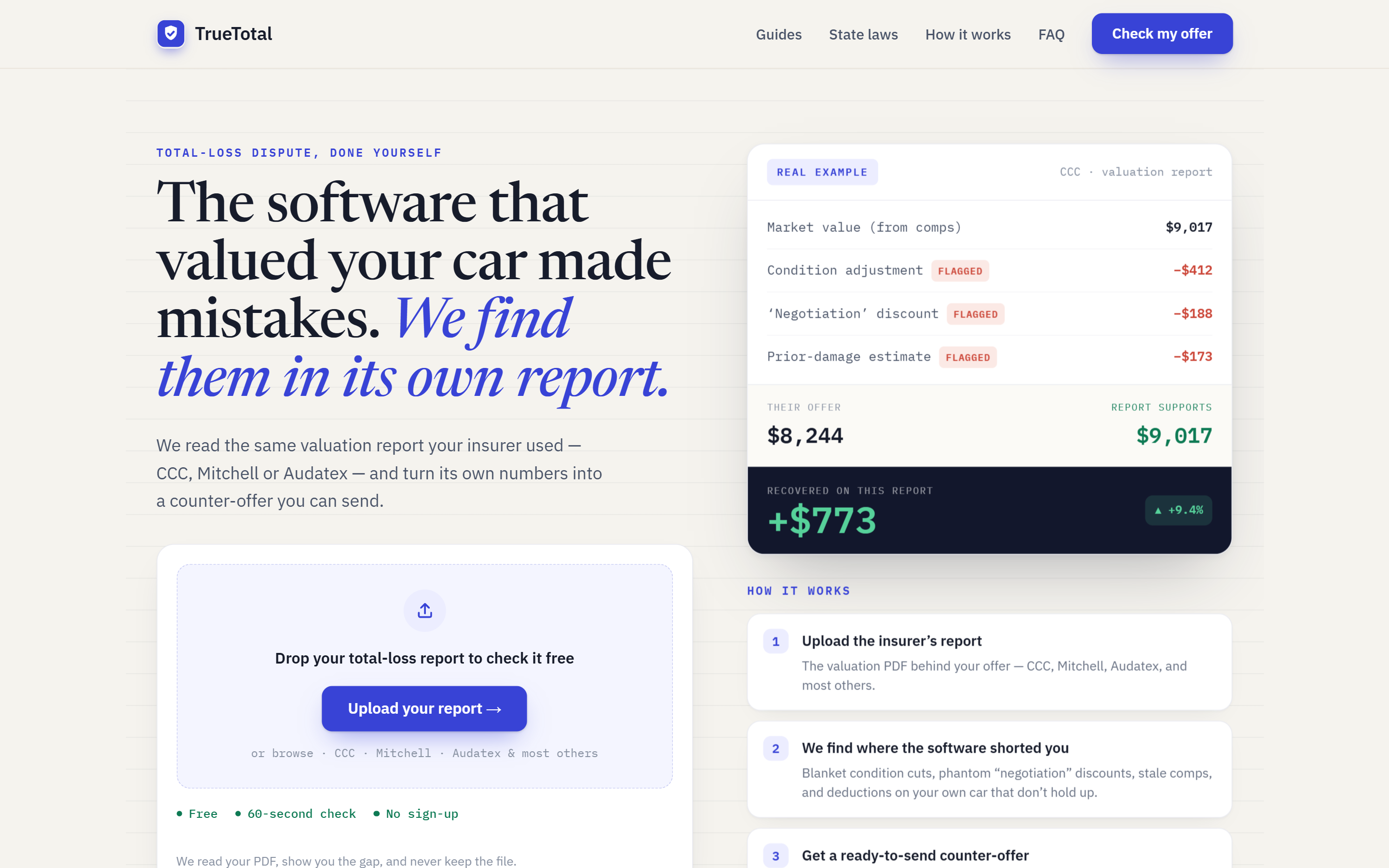 The TrueTotal landing page: the software that valued your car made mistakes, we find them in its own report, with a sample CCC valuation report flagging condition and negotiation deductions and 773 dollars recovered, plus an upload-your-report dropzone