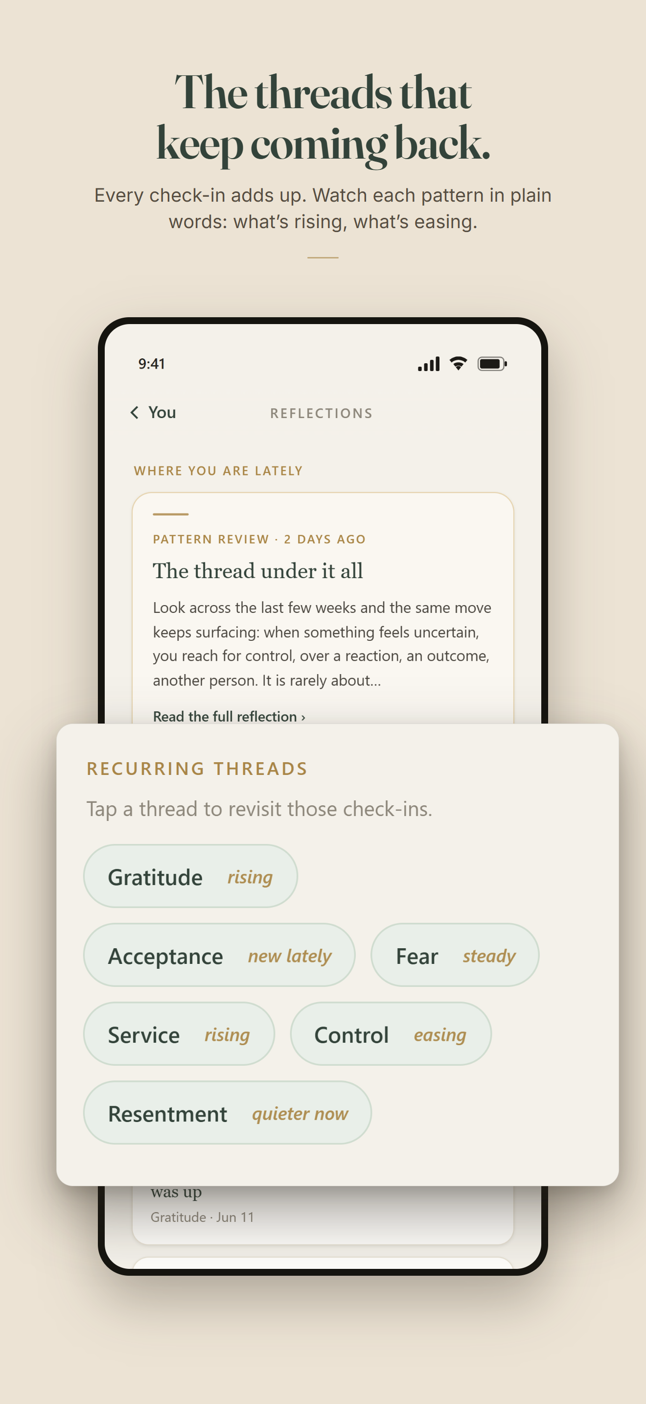 Work the Steps: recurring themes surfacing from daily check-ins on the reflections screen